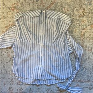 Topshop Blue and White Striped Button Down Shirt with waist bow tie detail